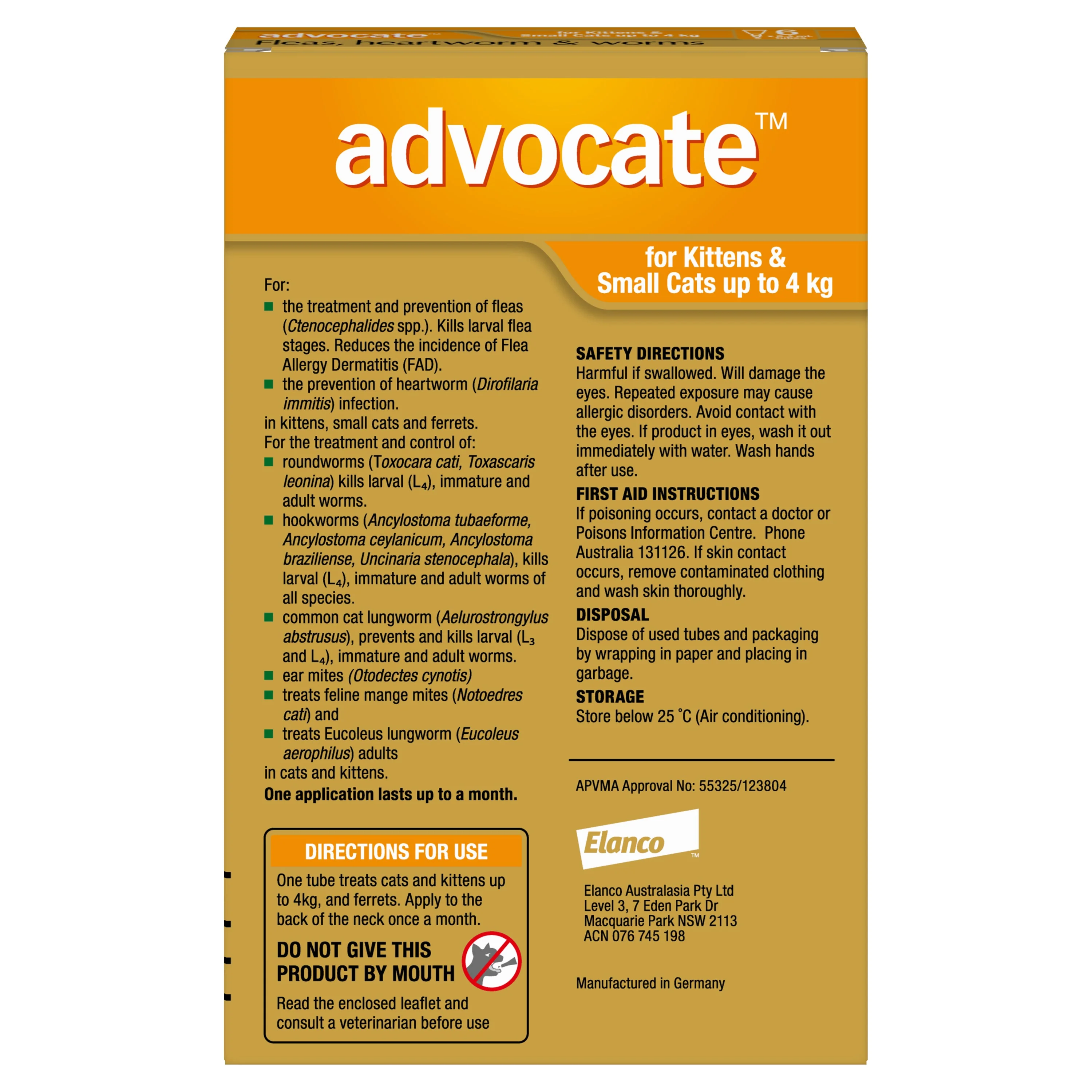 Advocate Flea Heartworm and Worm Treatment for Cats 0-4kg Orange 6 Pack - Image 3