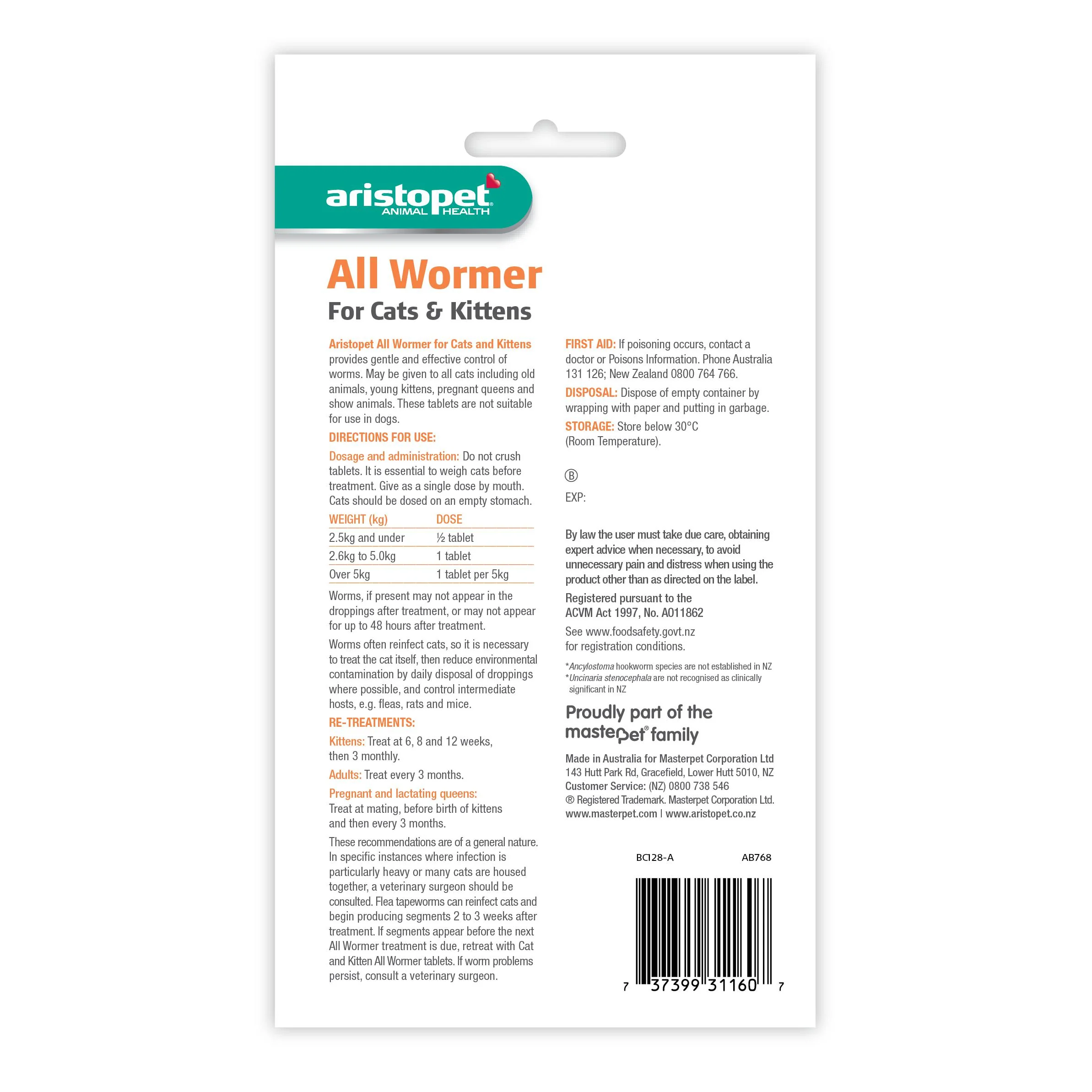 Aristopet All Wormer Tablets for Cats and Kittens 4 Pack - Image 2
