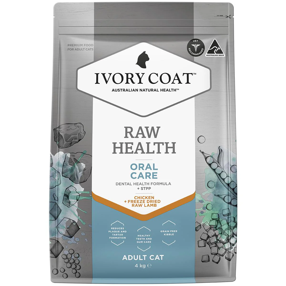 Ivory Coat Raw Health Adult Cat Oral Care Dry Food with Freeze Dried Chicken Pieces 4kg
