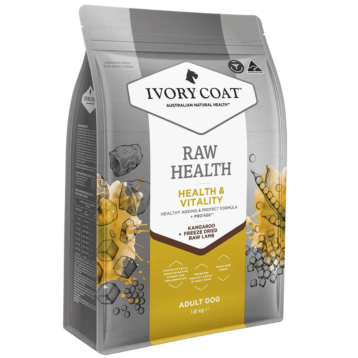 Ivory Coat Raw Health Adult Dog Longevity Dry Food with Freeze Dried Kangaroo Pieces 1.8kg - Image 2