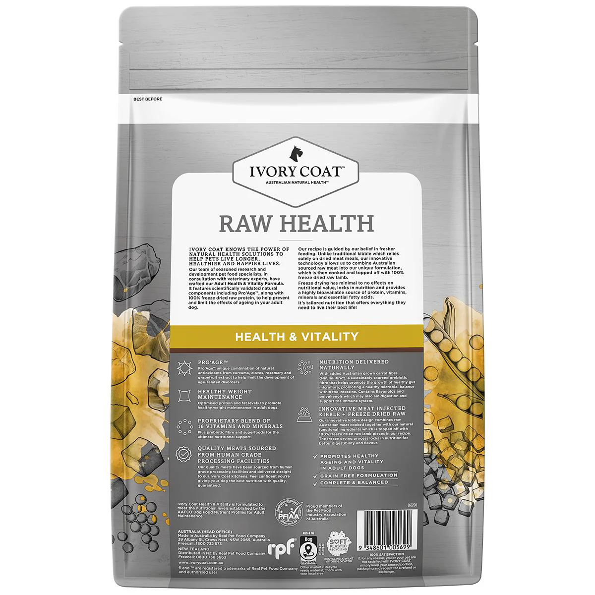 Ivory Coat Raw Health Adult Dog Longevity Dry Food with Freeze Dried Kangaroo Pieces 1.8kg - Image 3