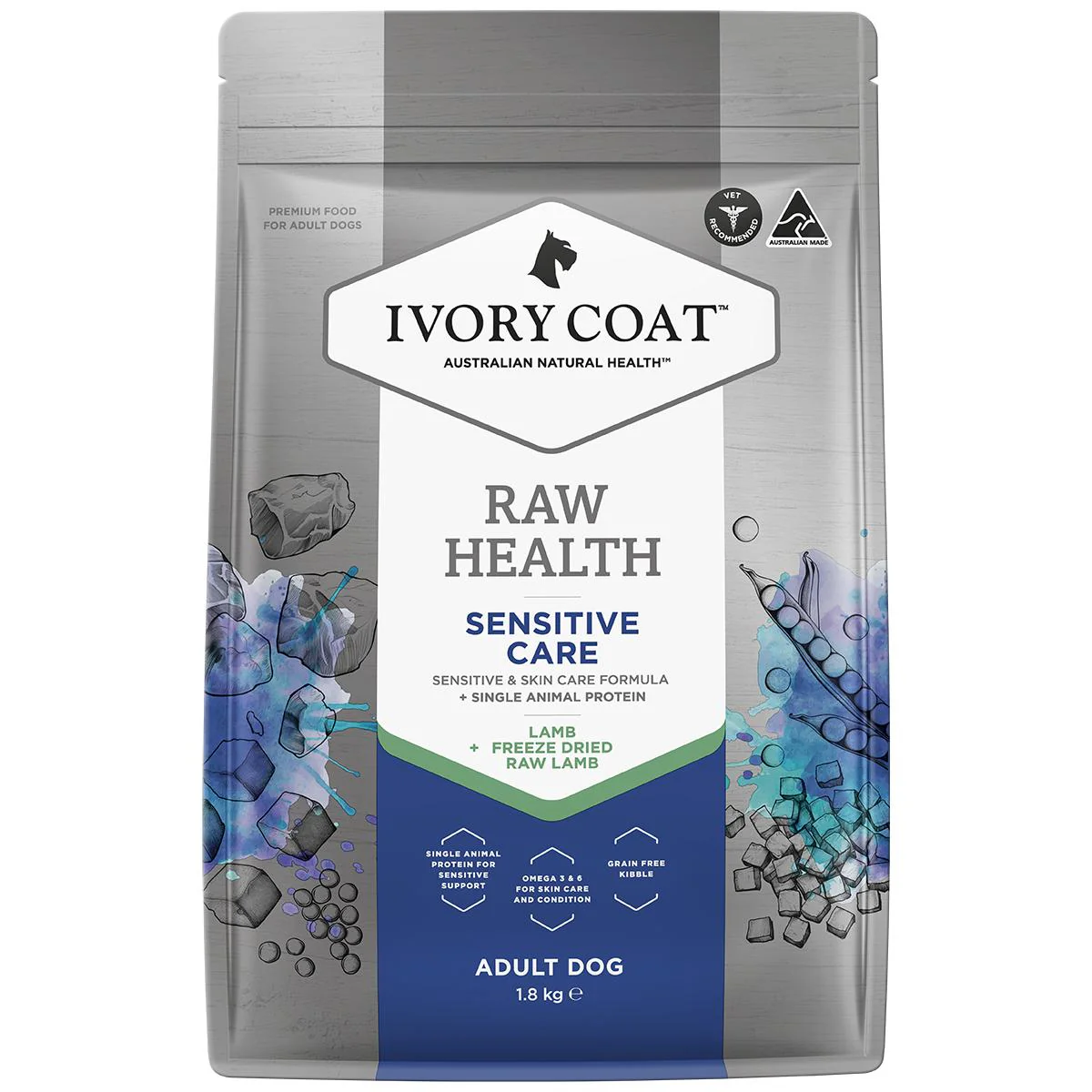 Ivory Coat Raw Health Adult Dog Sensitive Dry Food with Freeze Dried Lamb Pieces 1.8kg