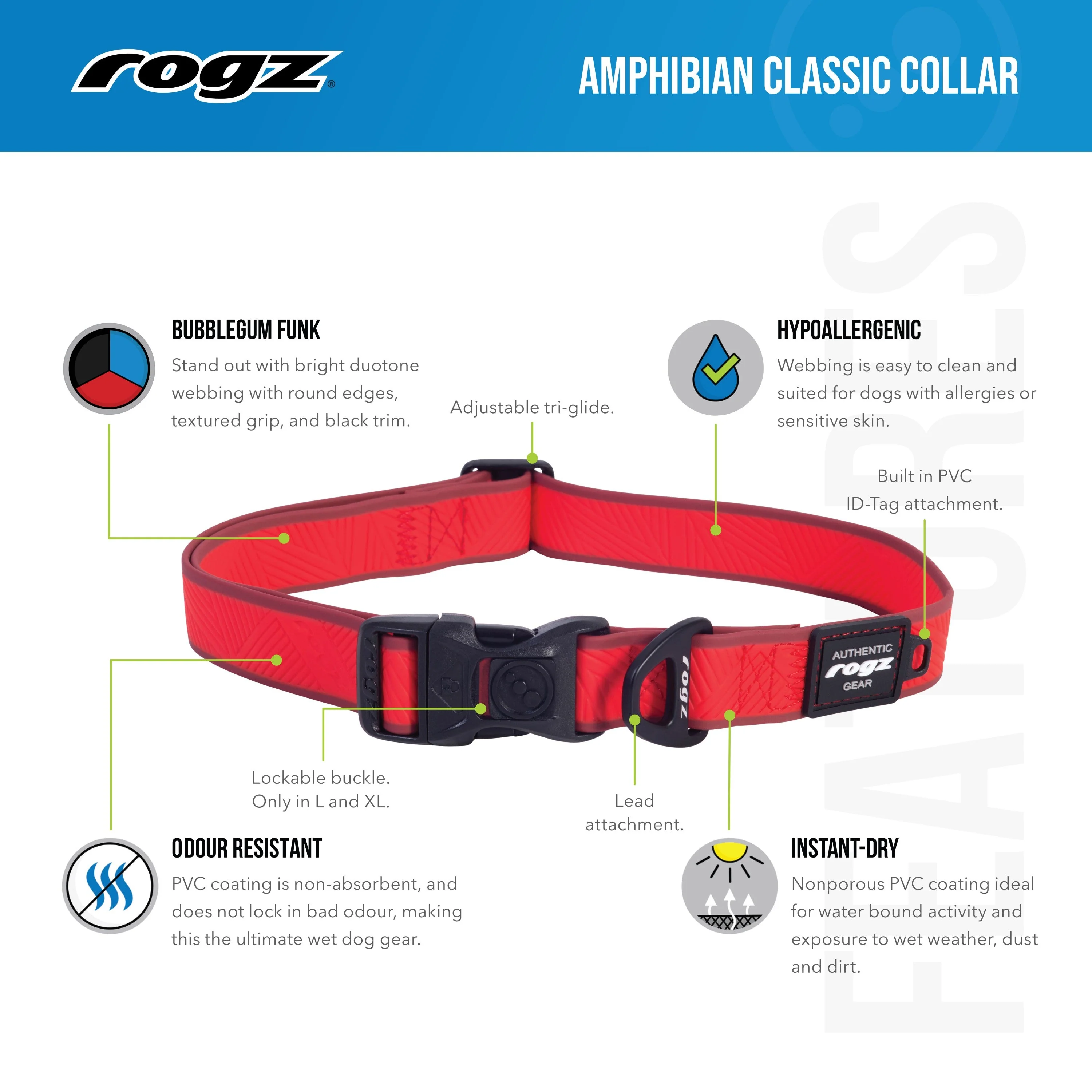 Rogz Classic Amphibian Blue Dog Collar Extra Large - Image 2