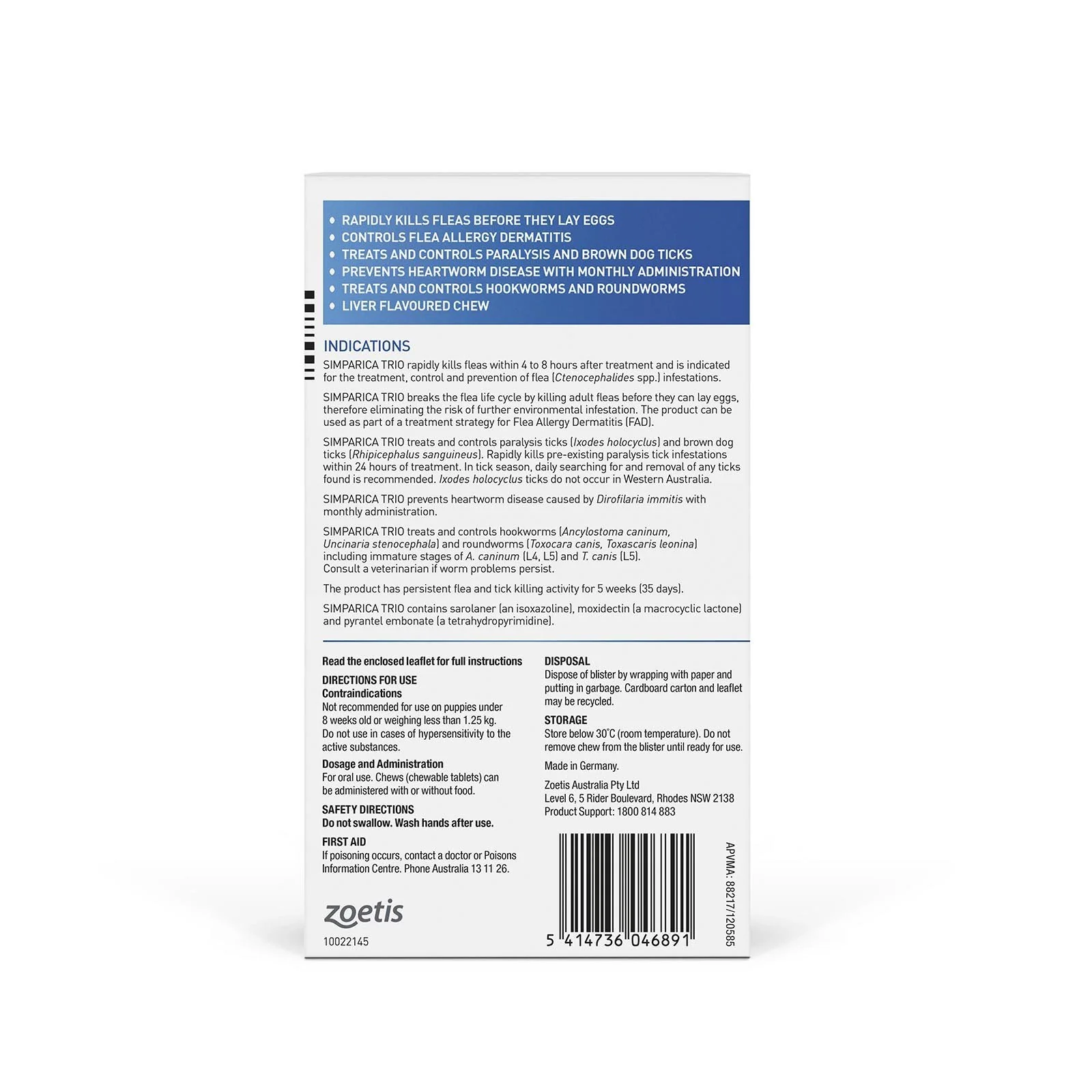 Simparica Trio Flea Tick and Worming Chews for Medium Dogs Blue 6 Pack - Image 2